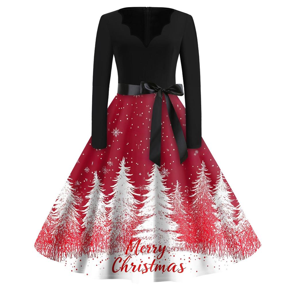 Christmas Print Flare Dress For Women Long Sleeve Dress Hollow Party Casual Dresses