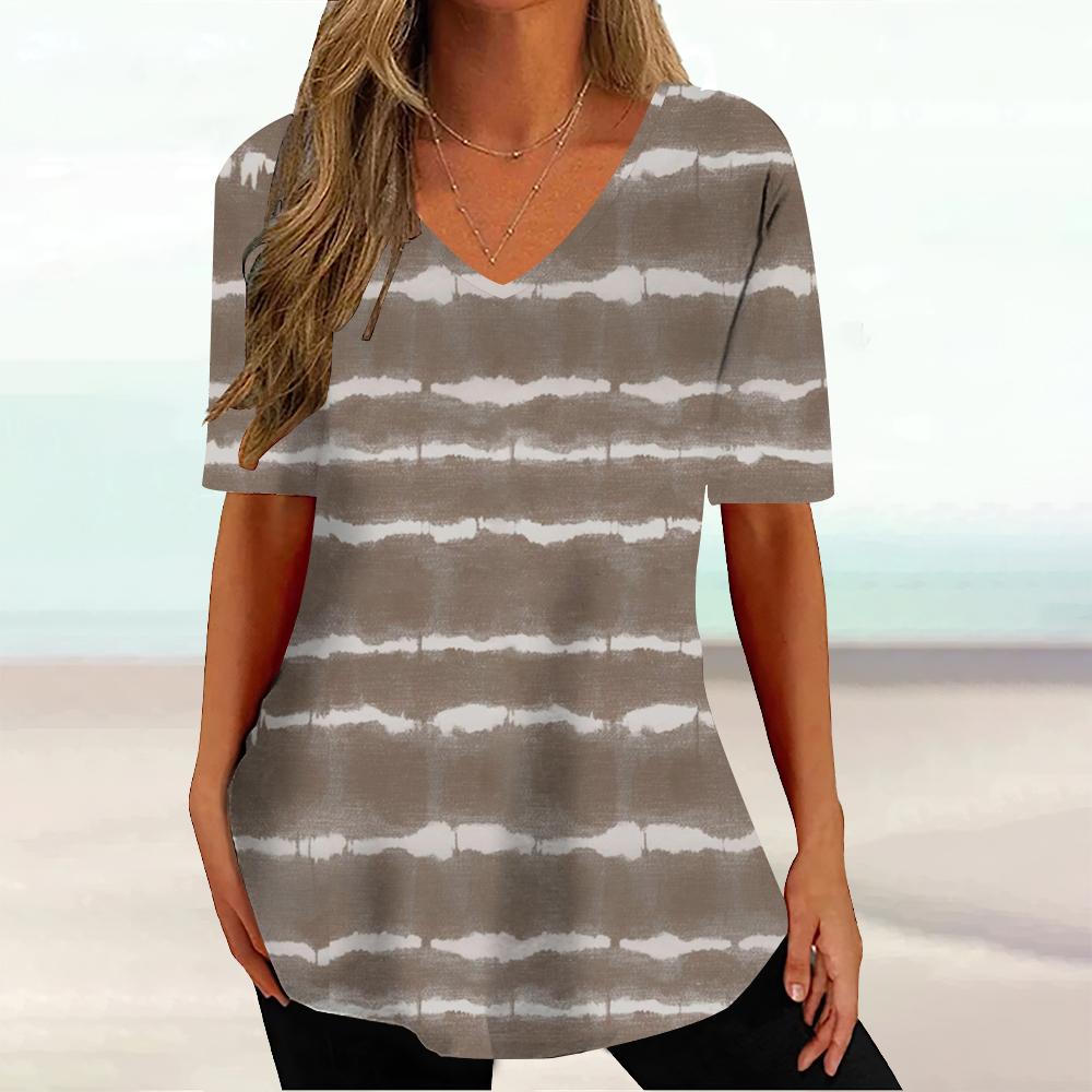 Women's Short Sleeve T-Shirt Casual Stripe Graphic Tees For Ladies V-Neck Loose Blouse Summer Vintage Print Girls Clothing Tops