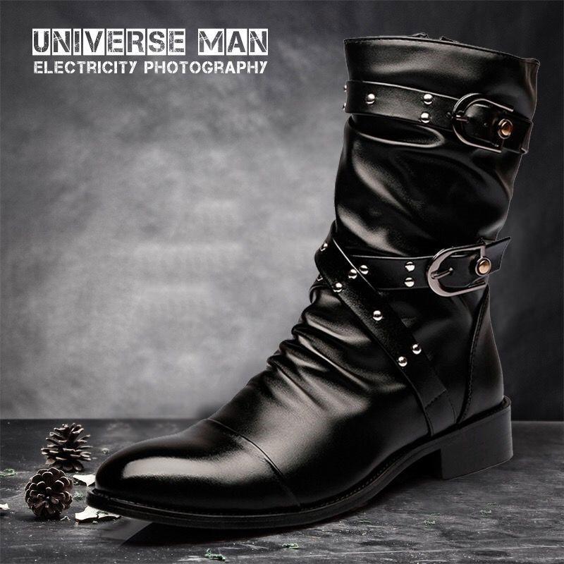Fashion Winter Pointed Toe Men's Mid-calf Boots Buckle Strap Chelsea Boot for Men Leather Mens Motorcycle Boots High Top Man Winter Shoe