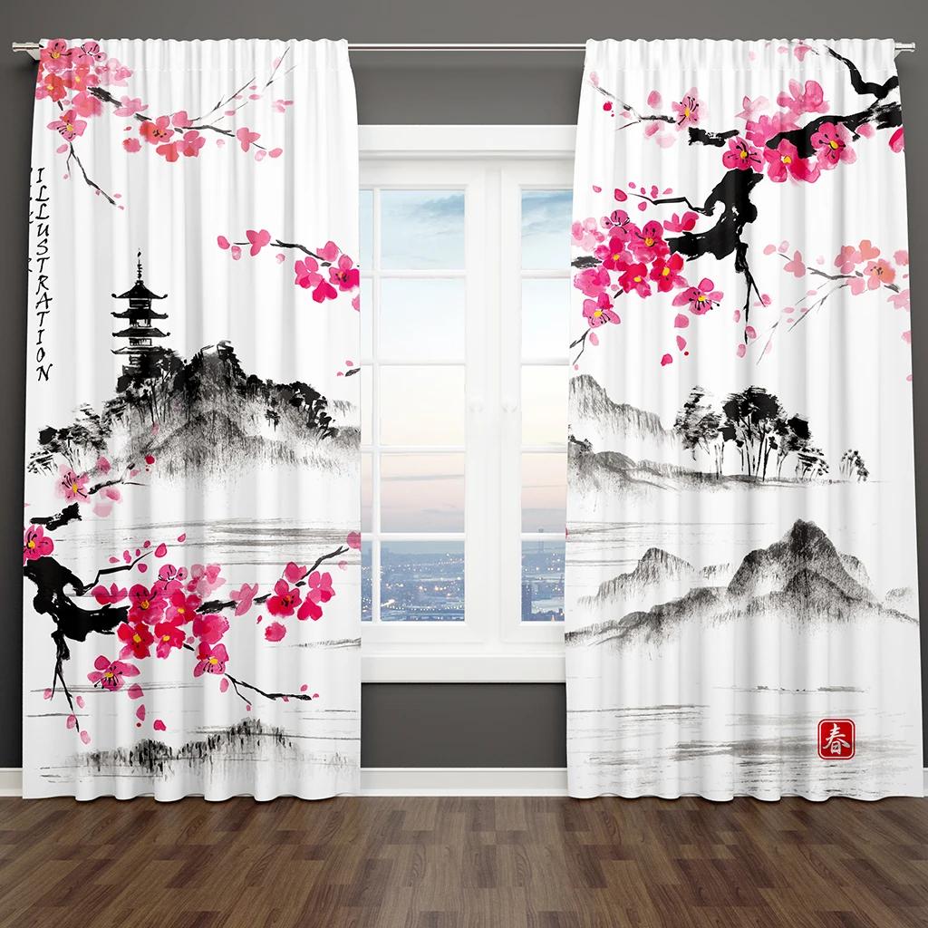 2pcs Chinese Mountain Lnk Painting Print Curtain, Digital Printing Curtains for Living Room Bedroom Kitchen Study, Home Decor