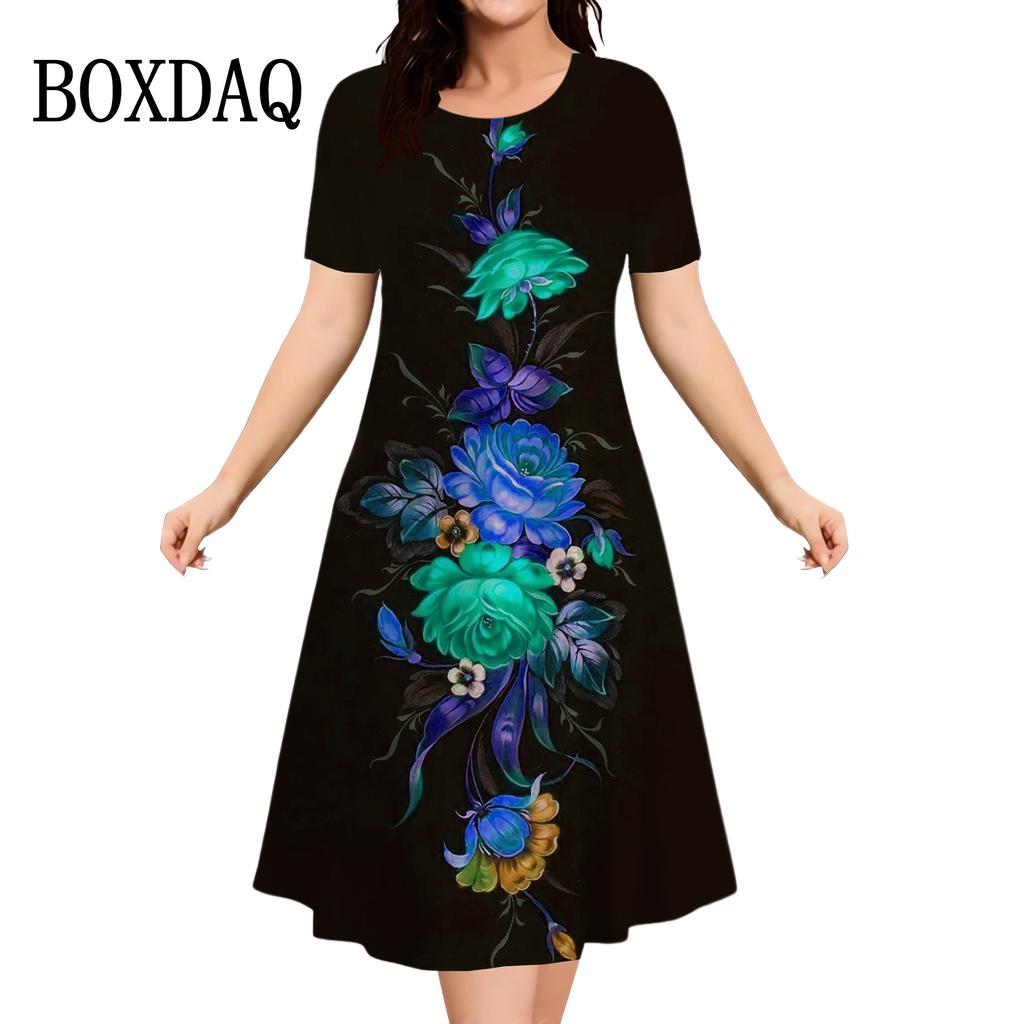 Повседневная одежда на каждый день Платье с цветочным принтом Женское платье больших размеров с коротким рукавом Свободное платье Летняя мода Круглый вырез Уличное элегантное платье