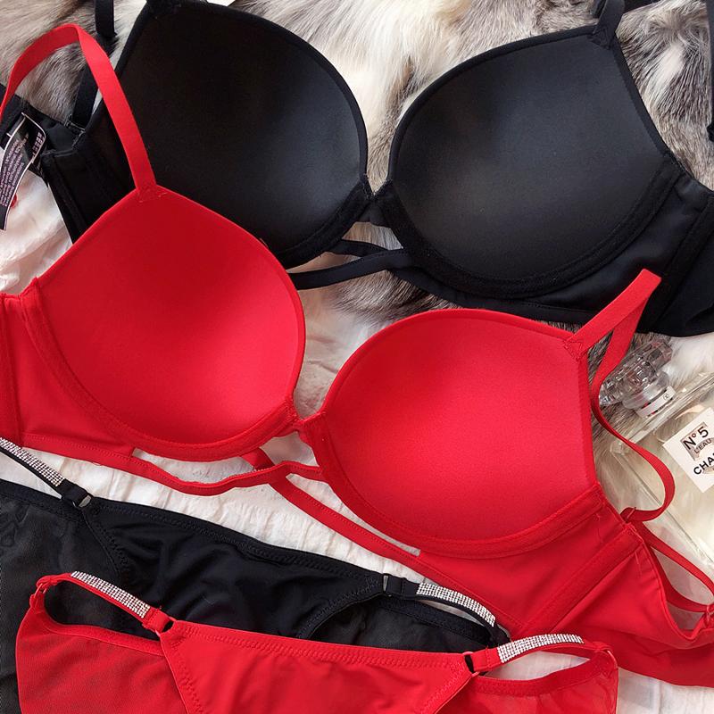 Sexy Women Underwear Set Cross Hollow Bra Fashion Rhinestones Cup Solid Color Push Up Brassiere Deep V Lingerie 2 Pieces Set