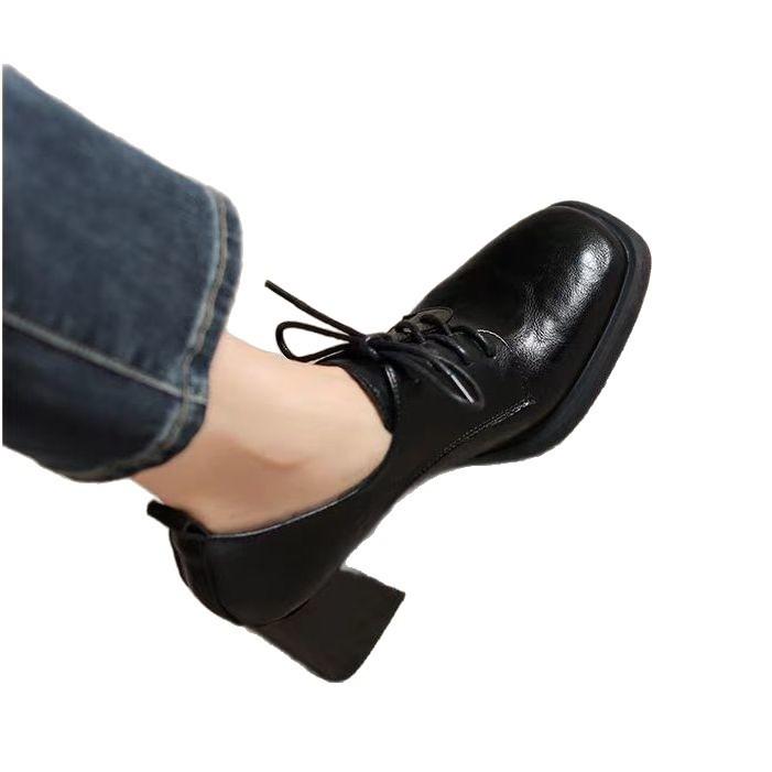 New 100 square head lace-up leather shoes deep mouth single shoes women's 2026 retro style autumn with British style high heels women's shoes