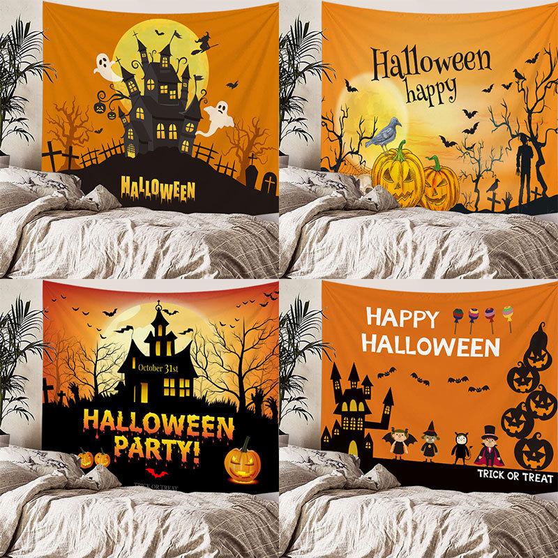 Home bedside room decoration Halloween tapestry, witch skull ghost print hanging cloth, background wall covering
