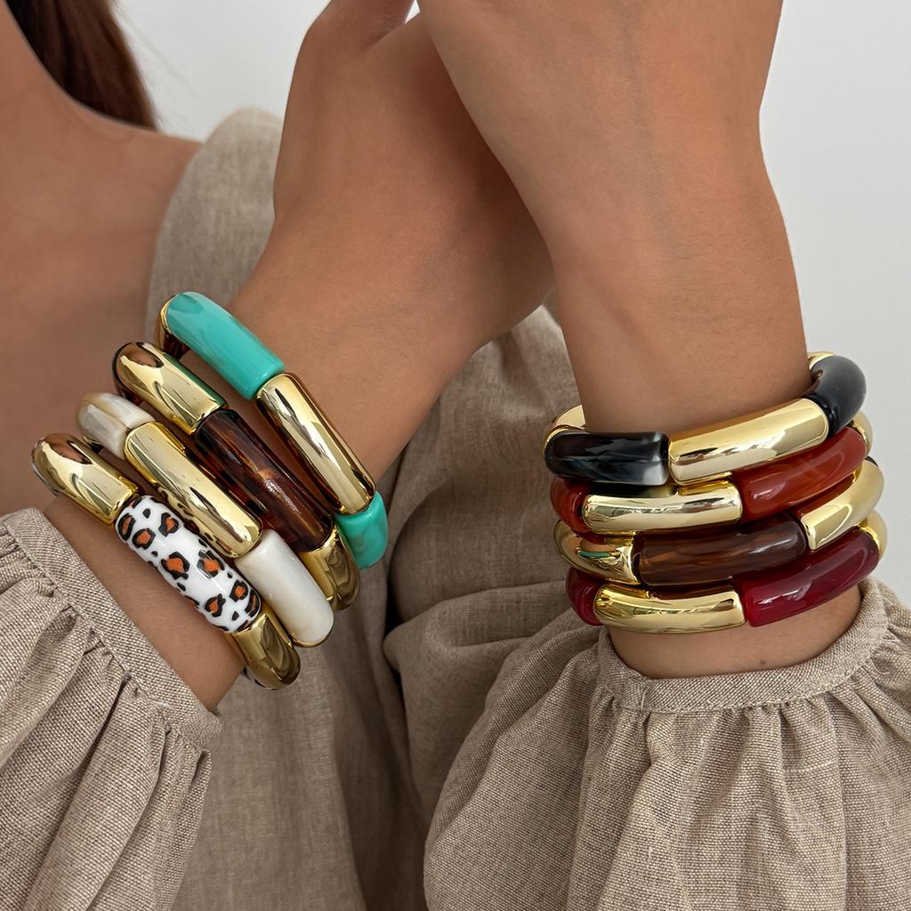 Модный Браслет-Браслет с Леопардовым Принтом, Смола, Бамбуковый Узел, Эластичный, INS, Креативный, Разноцветная Стыковка, Изогнутая Трубка