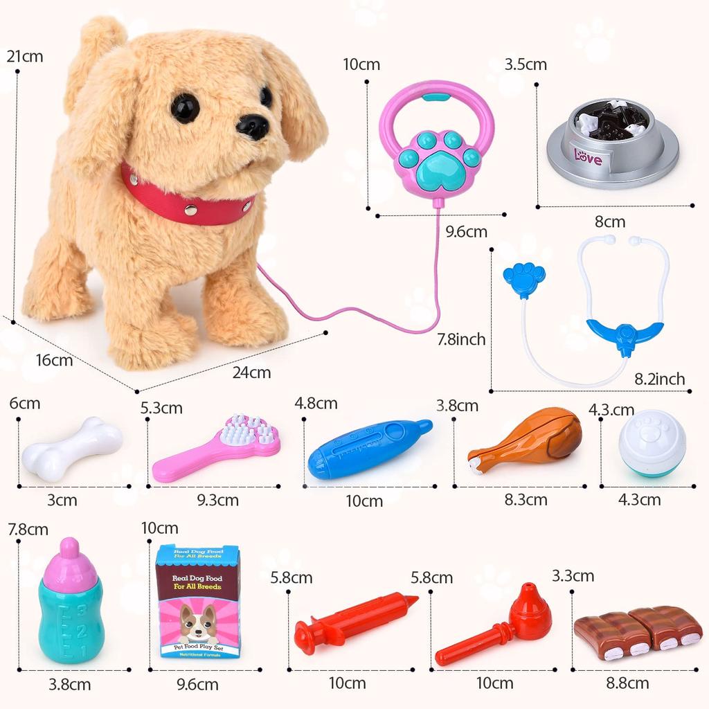 JoyGrow Pretend Play Set, Walk with Your Dog, Moving Plush Toy with Sound, Robot Dog, Pet Care Kit, Doctor Play Toy, Feeding, Educational Toy,