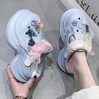 Модные кружевные сандалии на массивной платформе с бантом для женщин 2025 лето, шлепанцы для сада из ЭВА на толстой подошве, женские модные пляжные сандалии с цветными бусинами