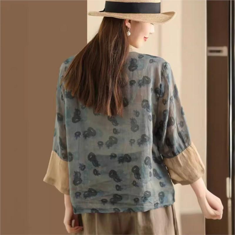 Johnature Women Chinese Style Print Floral Shirts Button Seven Sleeve Tops Summer Stand Vintage Women Blouses