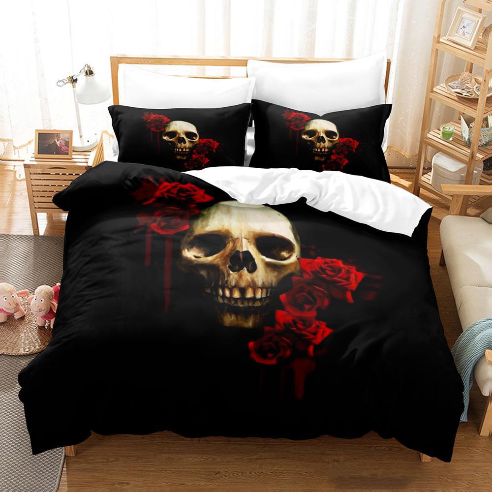 Комплект постельного белья Roses and Skulls All Season Twin Single Twin Full Queen King Size Bed Set Aldult Kid Bedroom Duvetcover Sets Anime