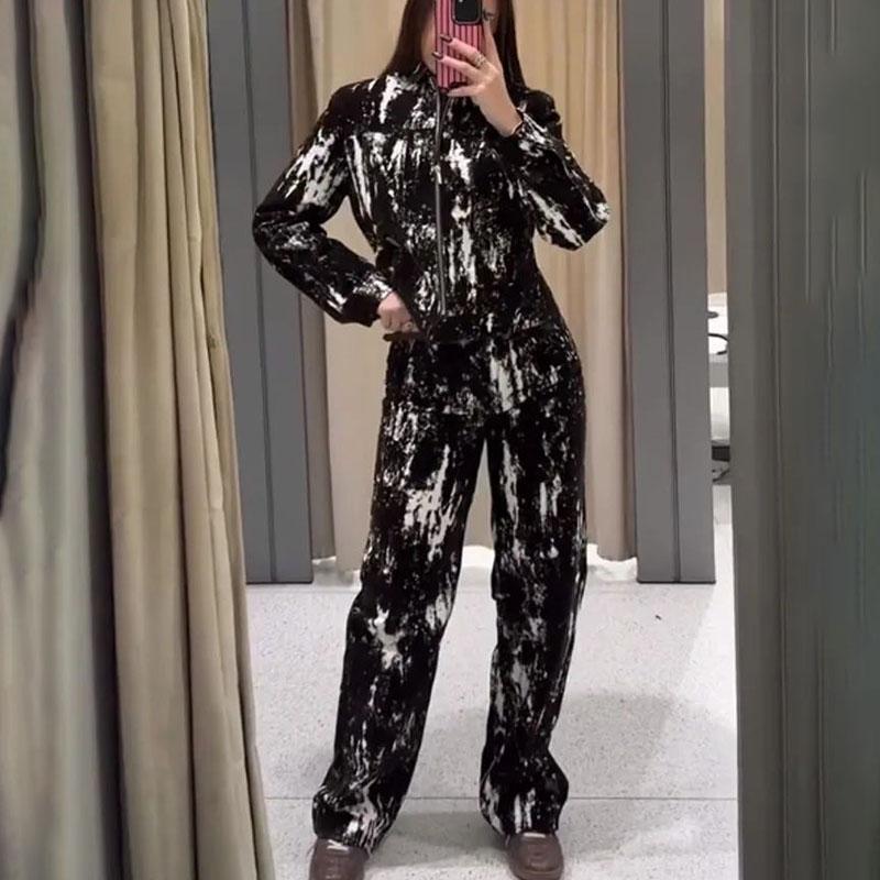 Irregular Printing Zipper Long Sleeved Jacket Women Casual Turndown Collar Short Coat Fashion Street Style 2025 Spring and Summer New