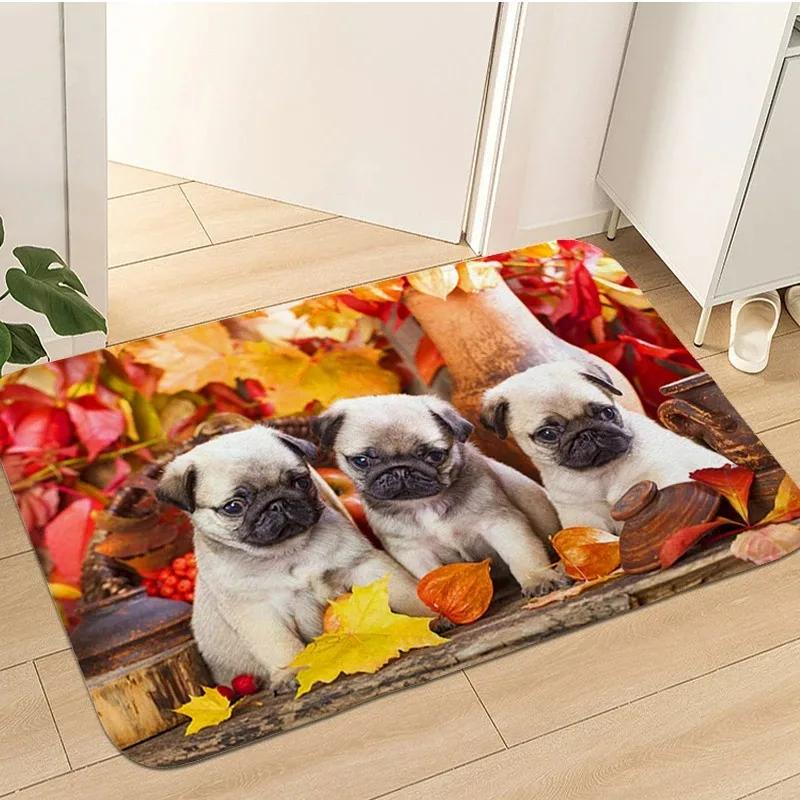 Cute Pug Dog Pattern Welcome Mat Non-Slip Indoor Outdoor Home Decor Carpet Kitchen Floor Rugs Bedroom Bathroom Entrance Doormat