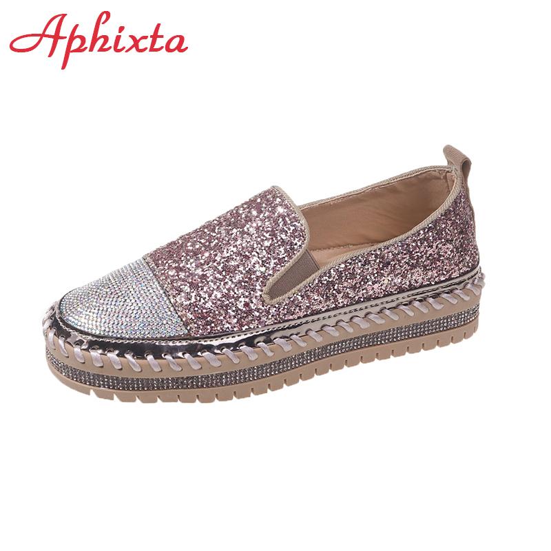 Fashion Aphixta Luxury Crystals Sequined Flat With Platform Shoes Loafers Flats Leather Couple Woman Students Shoes Plus Size 44