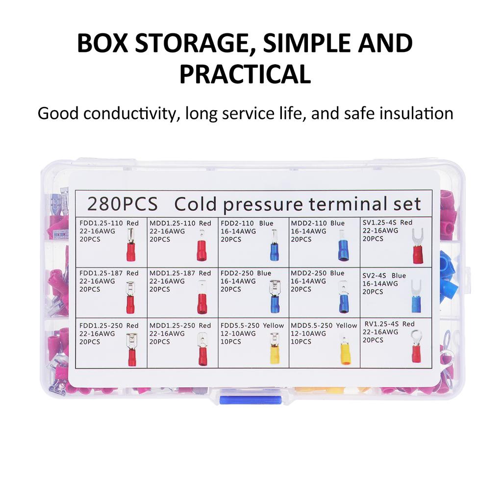 280PCS Cold Pressure Terminal Set Electrical Wire Connectors, Insulated Wire Crimp Terminals, Mixed Ring Spade Piggy Back Quick Disconnect Assortment