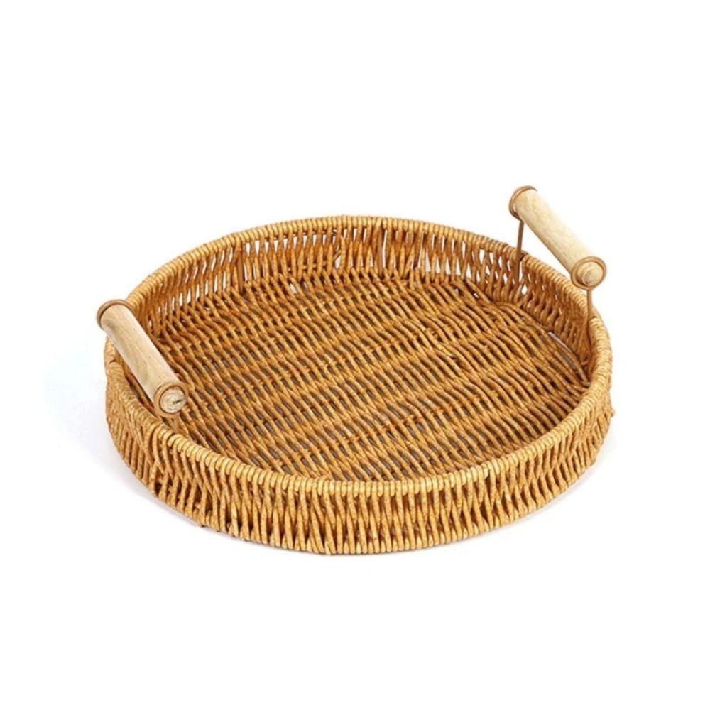 New Handwoven Rattan Basket With Handle Round Shape Storage Tray Breakfast Bread Food Plastic Rattan Threads Basket