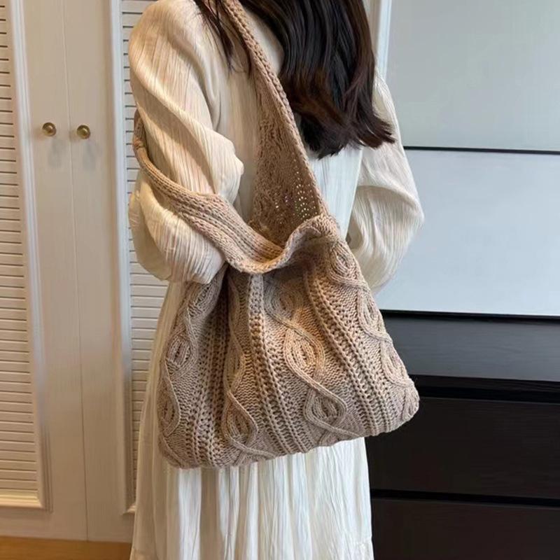 Шерстяная вязаная сумка для покупок для женщин, винтажная хлопковая ткань, сумка-тоут для девочек, большая женская сумка, вязаная крючком сумка