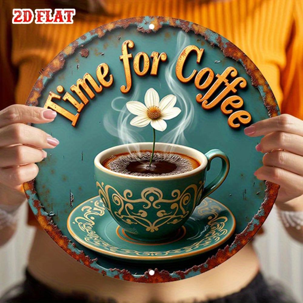 Vintage Coffee Metal Wall Art Retro Time for Coffee Sign Teal Gold D Flat Aluminum Tin Poster for Kitchen Easy Hang