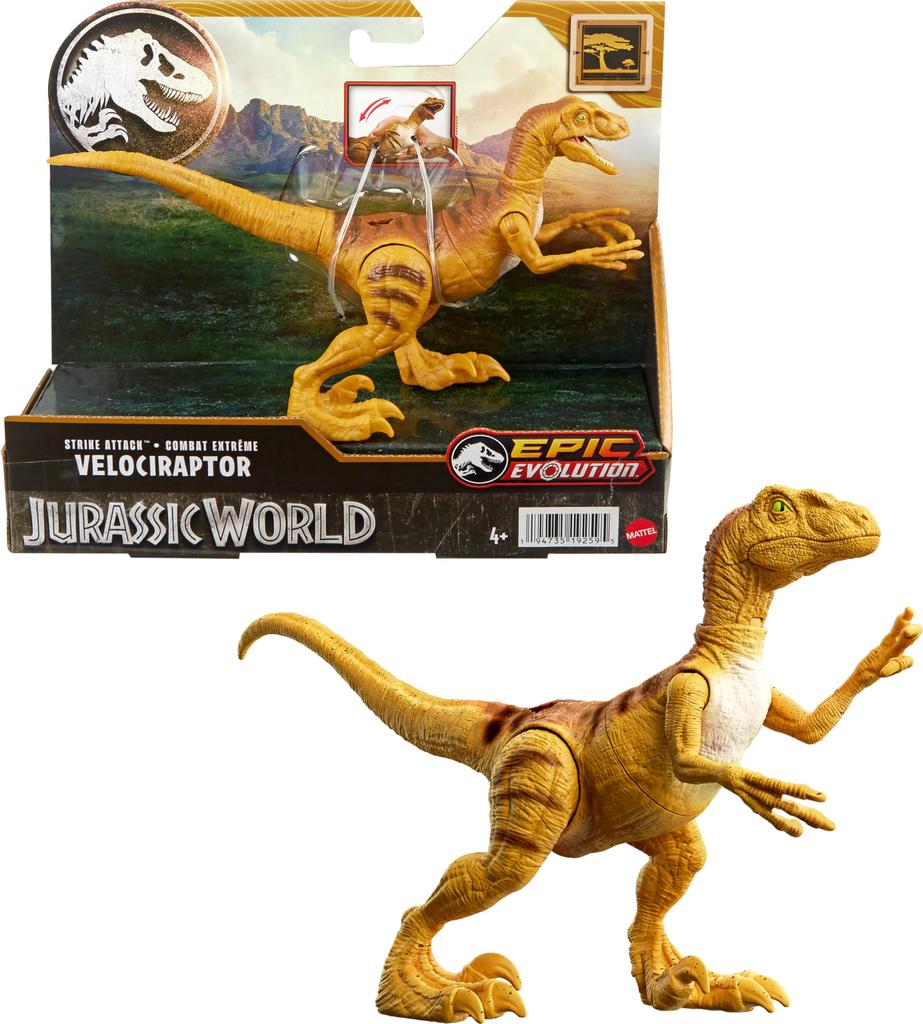 Mattel Jurassic World Strike Attack Velociraptor Dinosaur Toy с одним ударом, подвижная фигурка, подарок с физическим цифровым игровым действием, суставами,