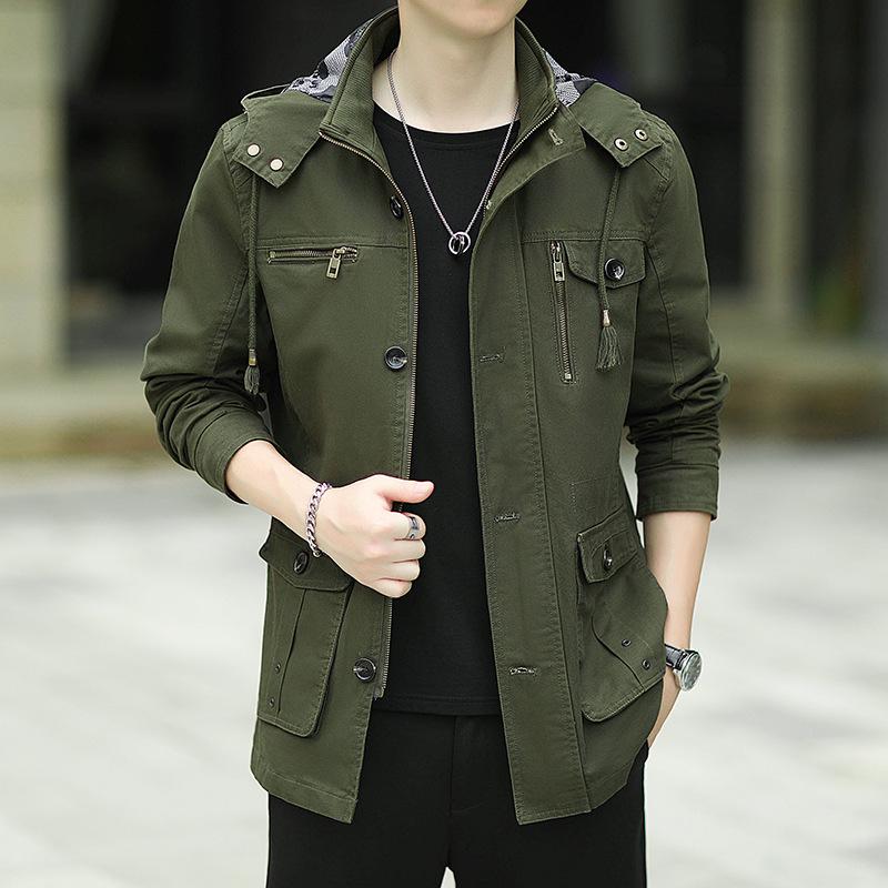 Весенне-осенняя новая куртка мужская с капюшоном в американском повседневном спортивном стиле, модная универсальная зеленая рабочая куртка тренд