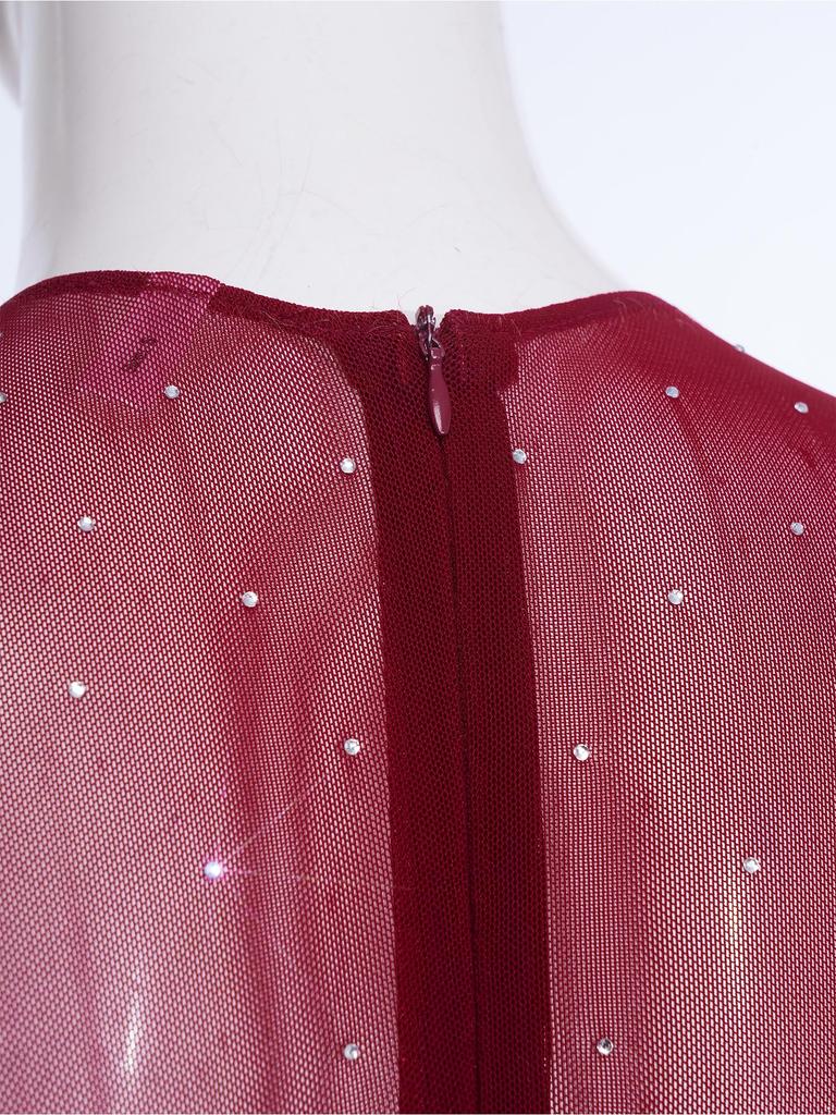Women Shiny Rhinestones Patchwork Sheer Long Sleeve Color Block Gymnastics Leotard Bodysuit