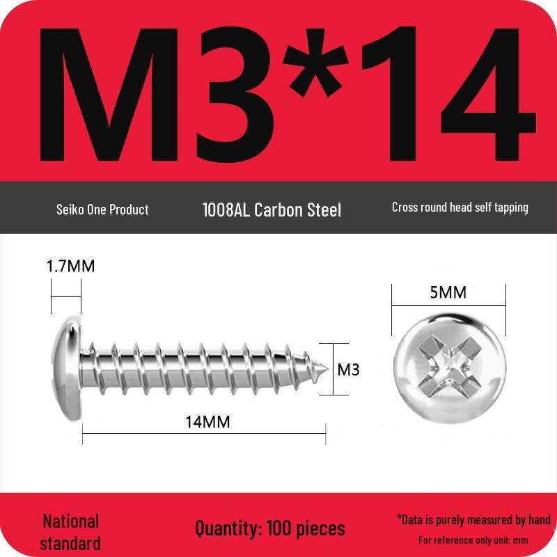 Galvanized Self-Tapping Screws, Round Head, White Zinc, PA Cross Pan, Pointed Tail M1.2-M4