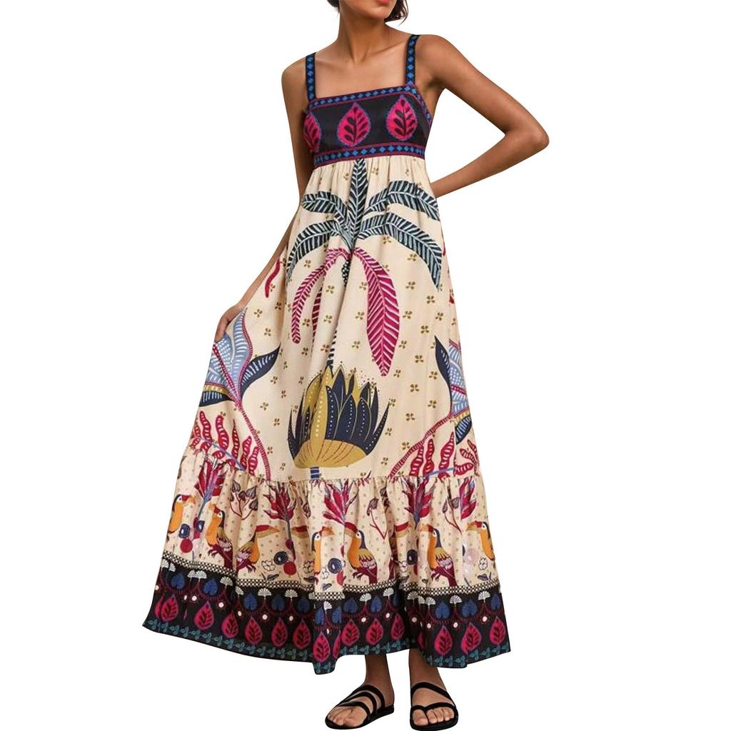 Women's Casual Fashion Vintage Floral Print Suspender Dress Elegant Holiday Dress