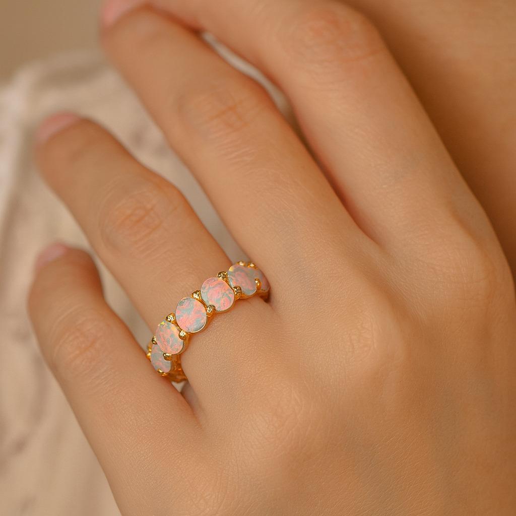 Розовое и белое опаловое помолвочное кольцо – Изящное минималистичное обручальное кольцо в стиле ар-деко | Камень октября, кольцо обещания, подарок для нее