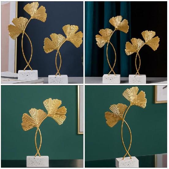 Cabilock 2 шт. Золотая статуэтка листа гинкго Золотая металлическая скульптура листа Металлическая железная скульптура листа Фигурка Настольное украшение для дома для спальни с деревянной основой