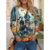 Women's Retro Castle Print Long Sleeve, Mystical Graphic Crew Neck T-Shirts, Enchanted Fashion Style, Fall Winter Casual Tops