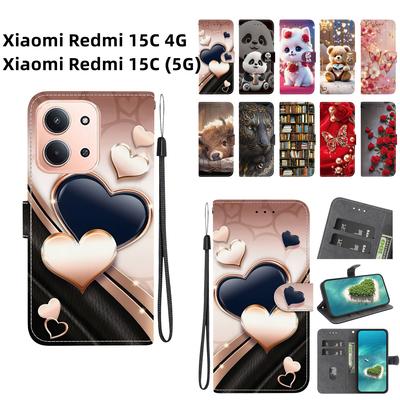 Чехол-книжка из искусственной кожи ручной работы для Xiaomi Redmi 15C (4G/5G) Противоскользящий ударопрочный чехол с ремешком на запястье и дизайнами в виде сердец/роз и кошек