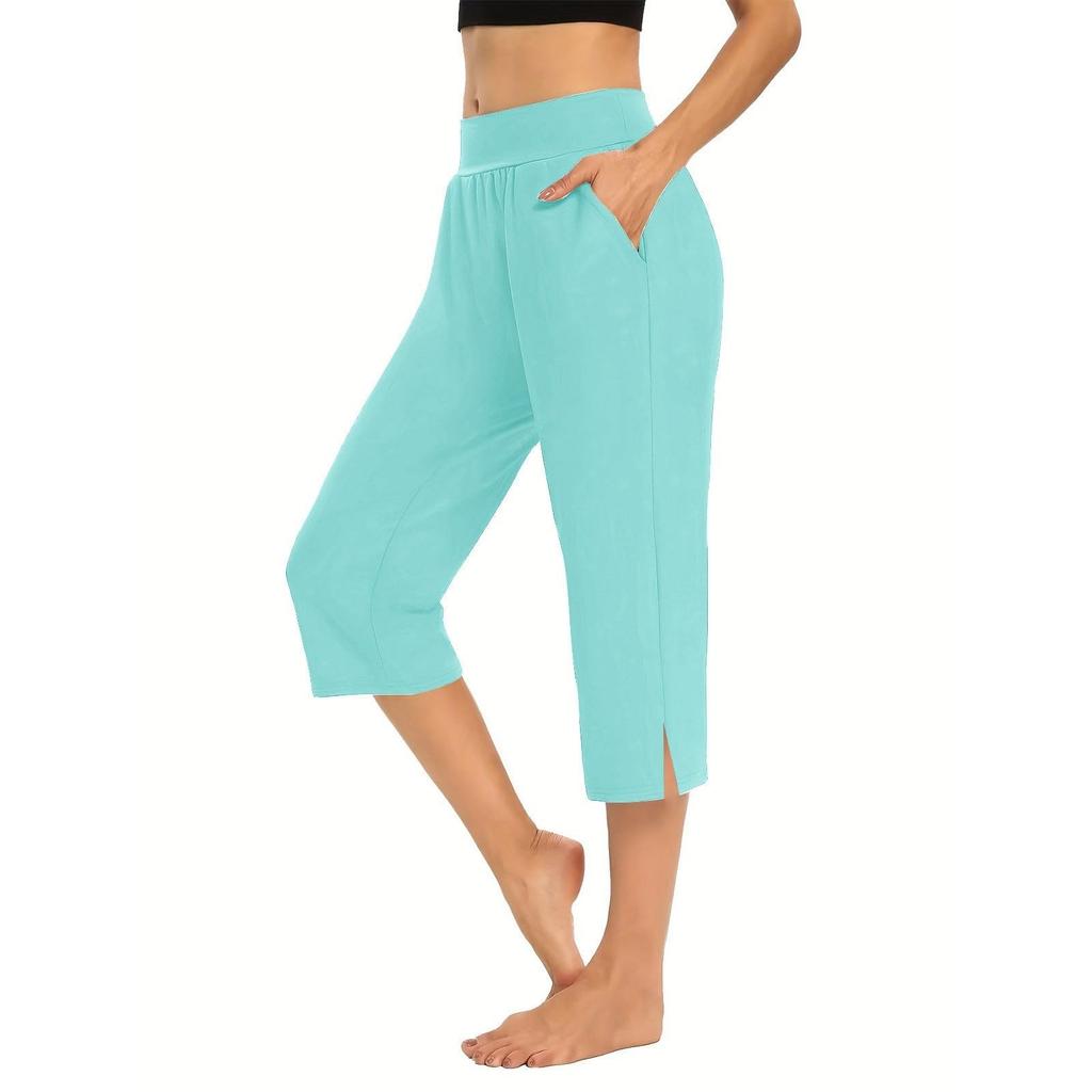 Women Elastic High Waist 3/4 Pant Casual Active Fit Wide Capris Leg Pants Trousers With Pockets