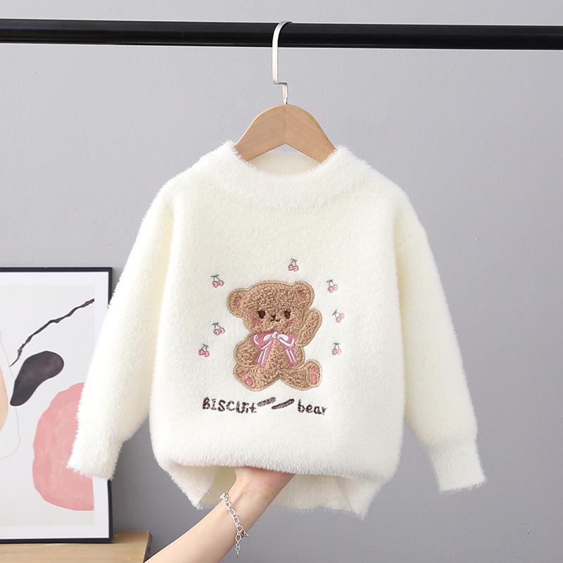 Child Sweater Autumn Winter Pullover Tops Girls Round Neck Sweaters Velvet Cartoon Long Sleeve Knitted Shirt