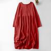 Осень 2025 года, новое дышащее свободное однотонное платье-кардиган из хлопка и льна, среднее и длинное женское праздничное платье с круглым вырезом и длинными рукавами