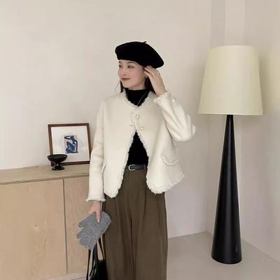 Новое осенне-зимнее двухстороннее шерстяное пальто короткое шерстяное пальто с кисточками в мелкую клетку без воротника