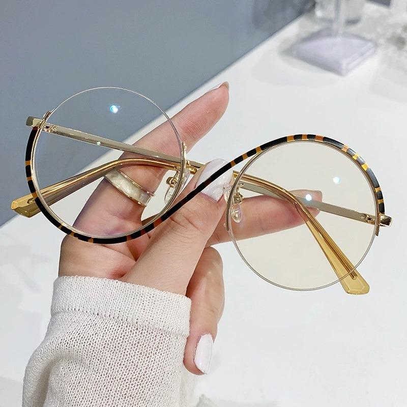 Round Semi-Rimless S Shape Glasses Women Eyeglasses Big Frame Clear Lens Optical Eyewear Men Vintage Anti-Blue Light Computer Eyeglass