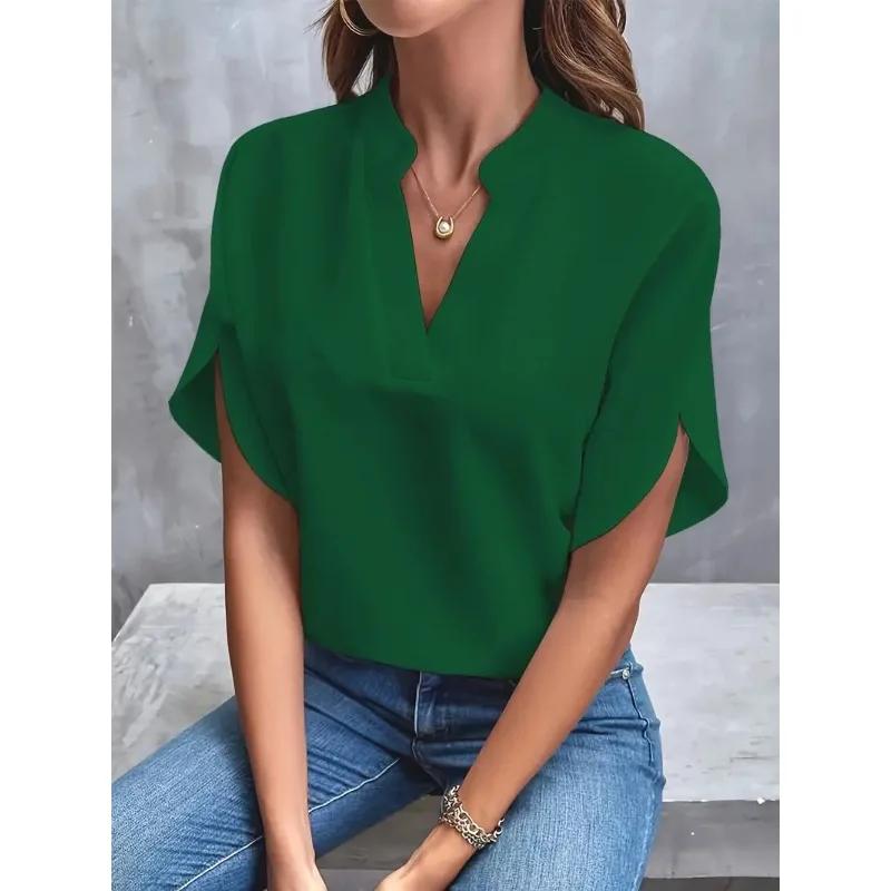 New Summer Women's Elegant Commuting Shirt Simple Solid Color Fashion V-neck Short Sleeved Shirt Loose Casual Holiday Shirt