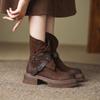 2025 осень новые темно-коричневые ретро старый цвет модные ботинки женские толстый каблук низкий каблук круглый носок британские ботинки средней высоты
