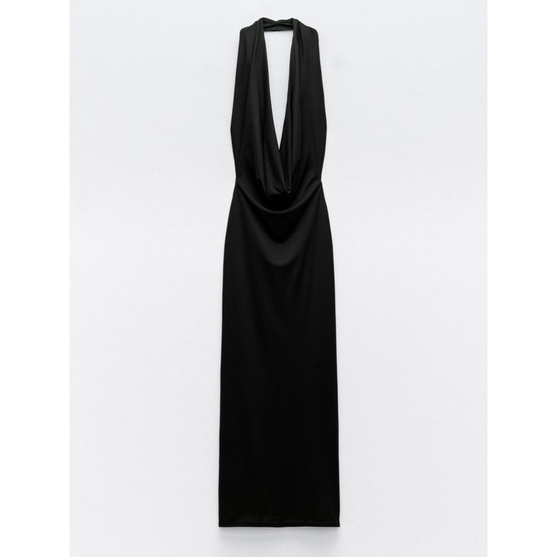 Za2024 Summer New Product Women's Clothes Sexy Open Back Ruched Hanging Collar Dress Long Skirt 3152242 800