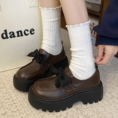 Маленькие кожаные туфли на платформе, одинарные туфли, осень, бант на липучке, 2025, Мэри Джейн, юбка, женские, универсальные, новые, черные
