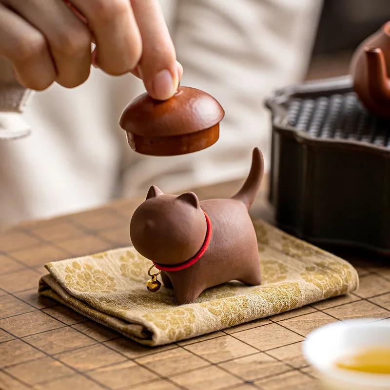 Креативная модель котенка Керамические аксессуары для кунг-фу Фиолетовая глина Чайный набор для питомцев Милый кот Поднимать чай Веселье Домашние чайные украшения