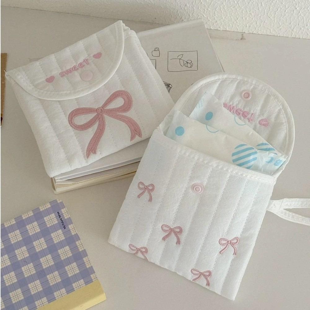 Mini Sanitary Pad Pouch Sweet Bowknot Embroidery Cosmetic Bag Portable Bowknot Storage Bag  Women