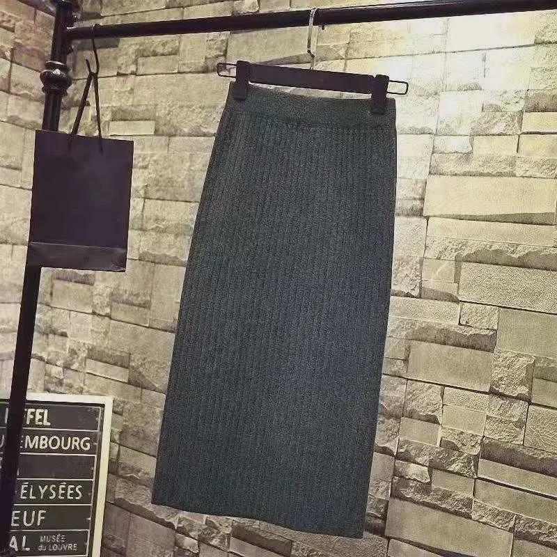 High-Waist Mercerized Cotton Knitted Skirt - Women's Autumn/Winter Slit Midi Skirt