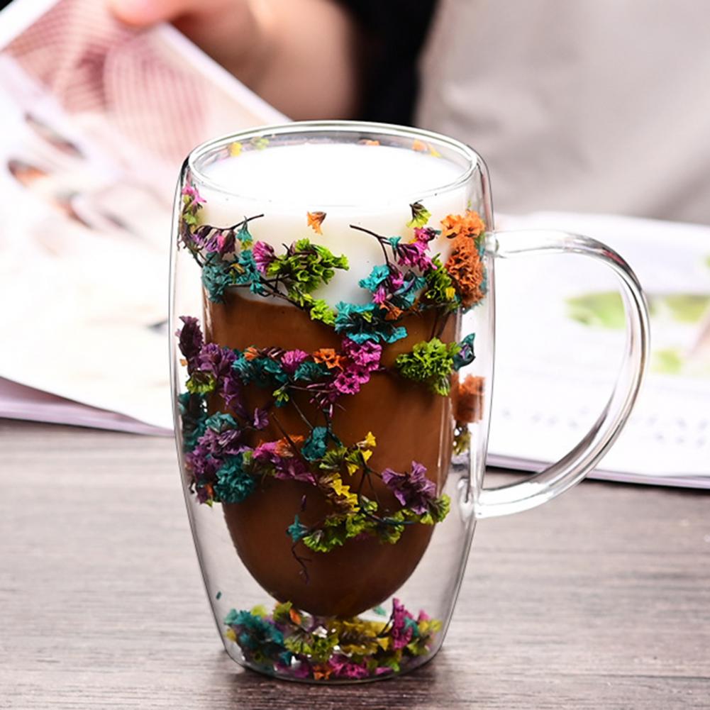 Double Wall Glass Mug with Flower Glitter Inside 450ml Large Capacity Heat & Cold Resistant Transparent Mug Creative Coffee Cup