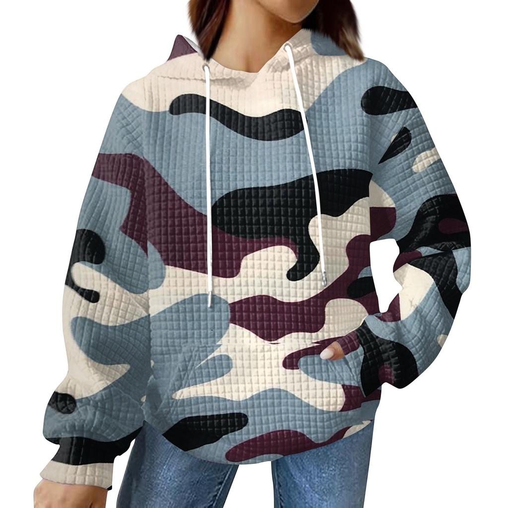 Women's Fashionable Loose Fitting Hooded Pullover, Long Sleeved Sportswear, Camouflage Printed Top, Daily Hoodie