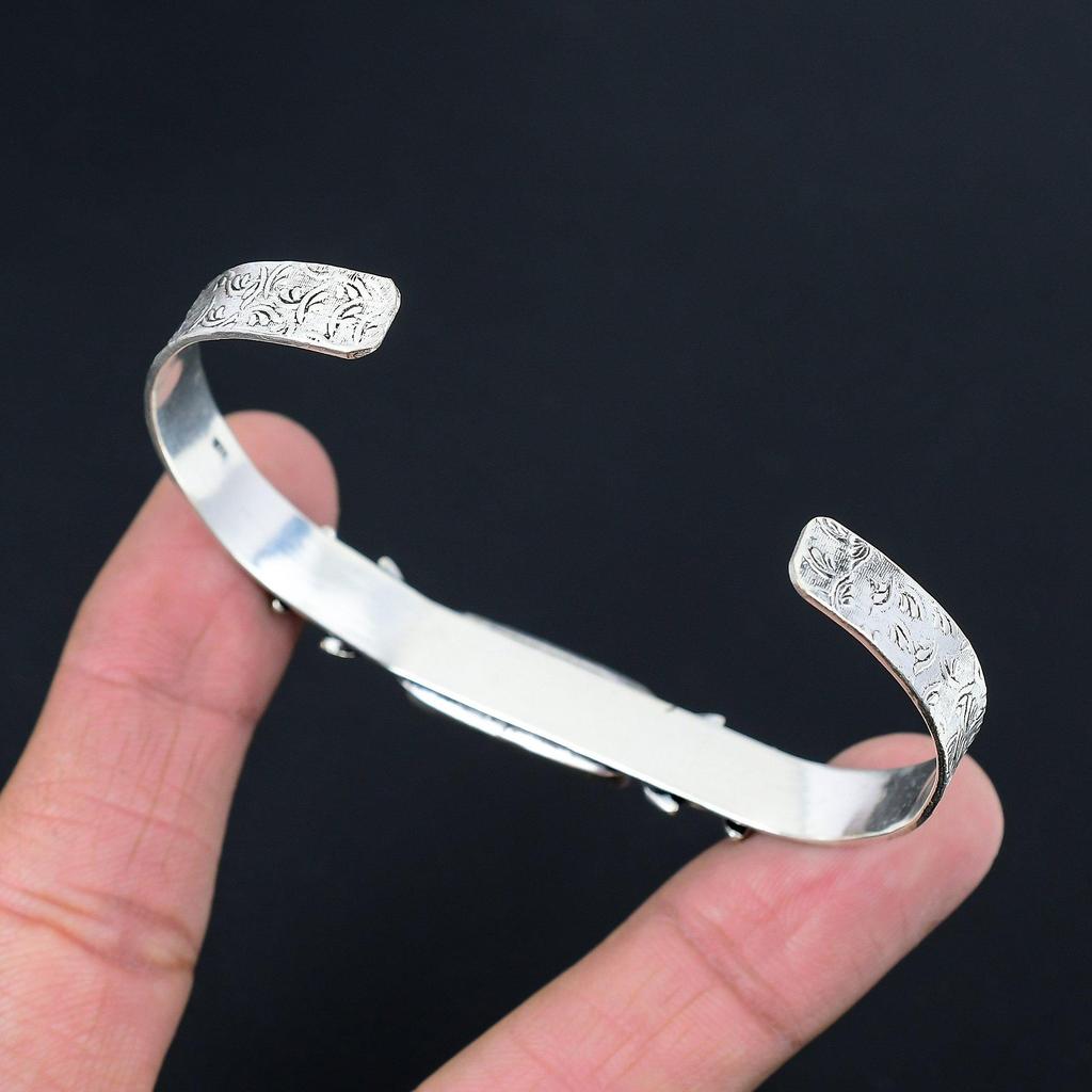 925 Sterling Silver Rectangle Natural Atlantisite Flower Birthday Bangle Jewelry