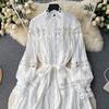 Spring Autumn Fashion Runway Lace Embroidery Hollow Out Dress Women's Stand Lantern Sleeve Single Breasted Sashes Long Maxi Party Dresses
