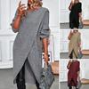 Women Fall Winter Dress Irregular Split Hem Knitted Loose Soft Thick Warm Long Sleeve Solid Color Mid Length Sweater Dress