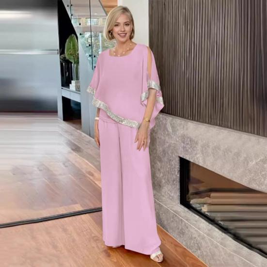 2 Pcs/Set Women Top Pants Set Bat Sleeve O Neck Shiny Sequin Irregular Blouse Elastic