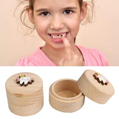 Зуб Деревянная Коробка Контейнер для Зубов Коробка для Молочных Зубов Деревянный Мультяшный Круглый Контейнер для Мальчиков Девочек Зуб на День Рождения