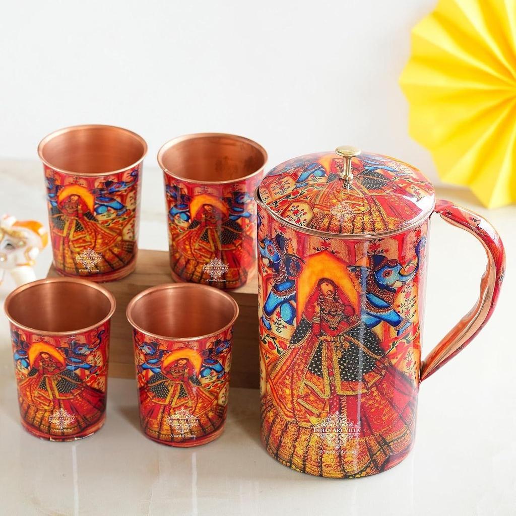 Meena Padharo Mhare Desh Theme Copper Gift Set of 1 Jug & 4 Glass - Perfect for Home, Office, and Gifting, Jug-1.5 Litre & Glass-270 ML Each