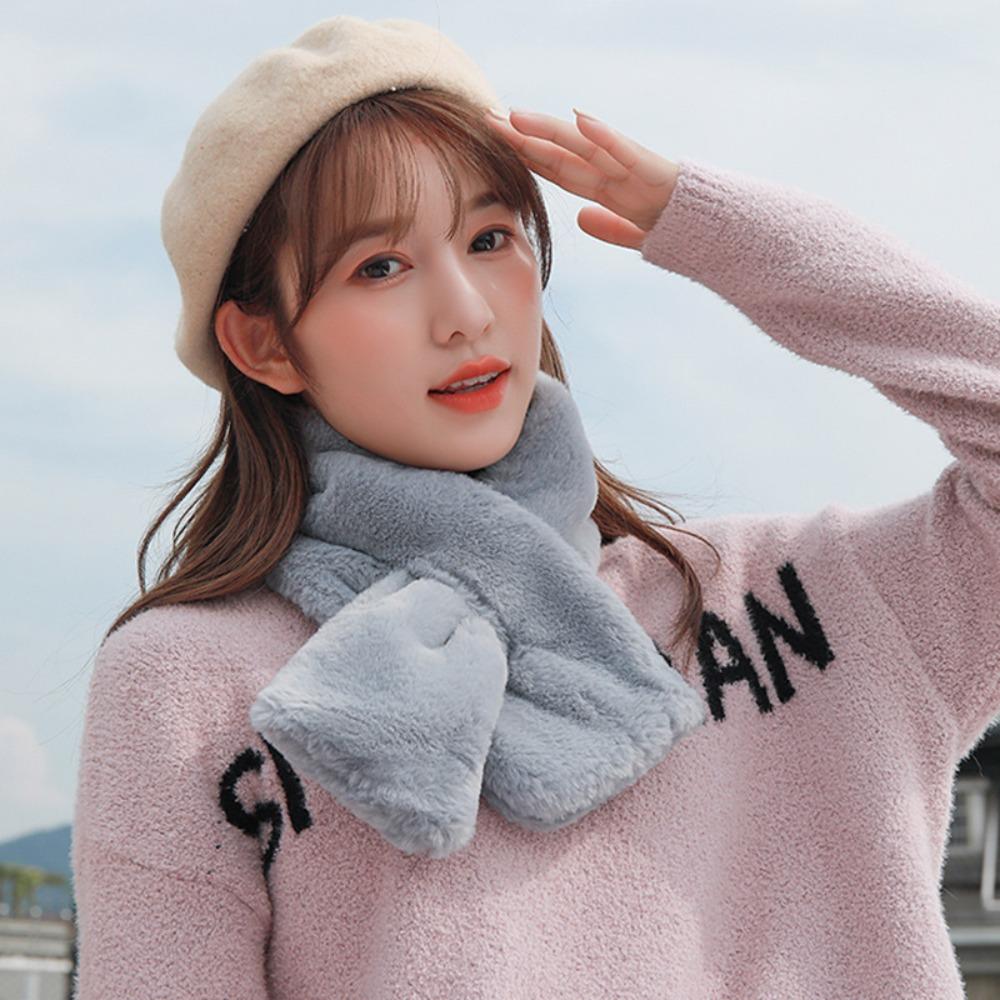 Cute Solid Color Neckerchief Wrap Female Warmer Girl Cross Scarf Neck Warmer Plush Scarf Warm Scarf